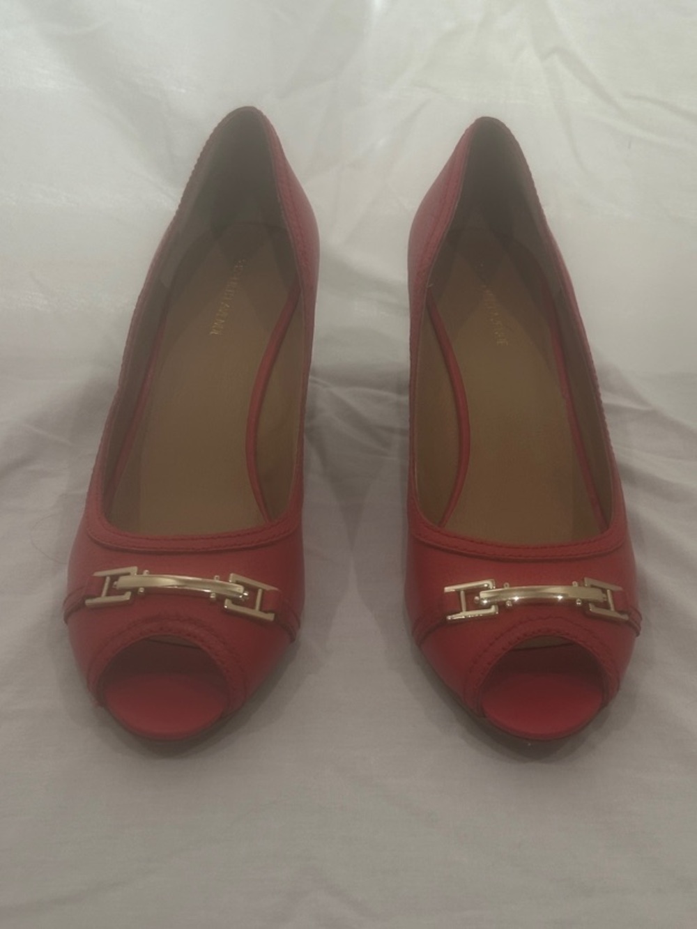 Saks Fifth Avenue Red Peep-Toe Heels with Gold Hardware